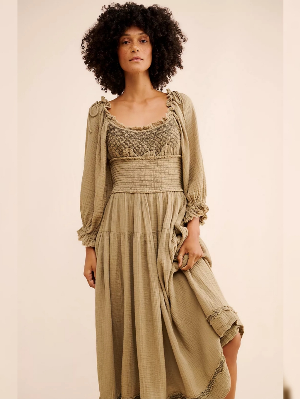 Free People Toledo Embroidered Midi Dress Greyed Olive Green Lantern Sleeve